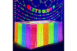 4 Pack Neon Tinsel Foil Fringe Table Skirts 108 x 29.5 Inch Glow in The Dark Party Table Decoration UV Reactive Fluorescent W