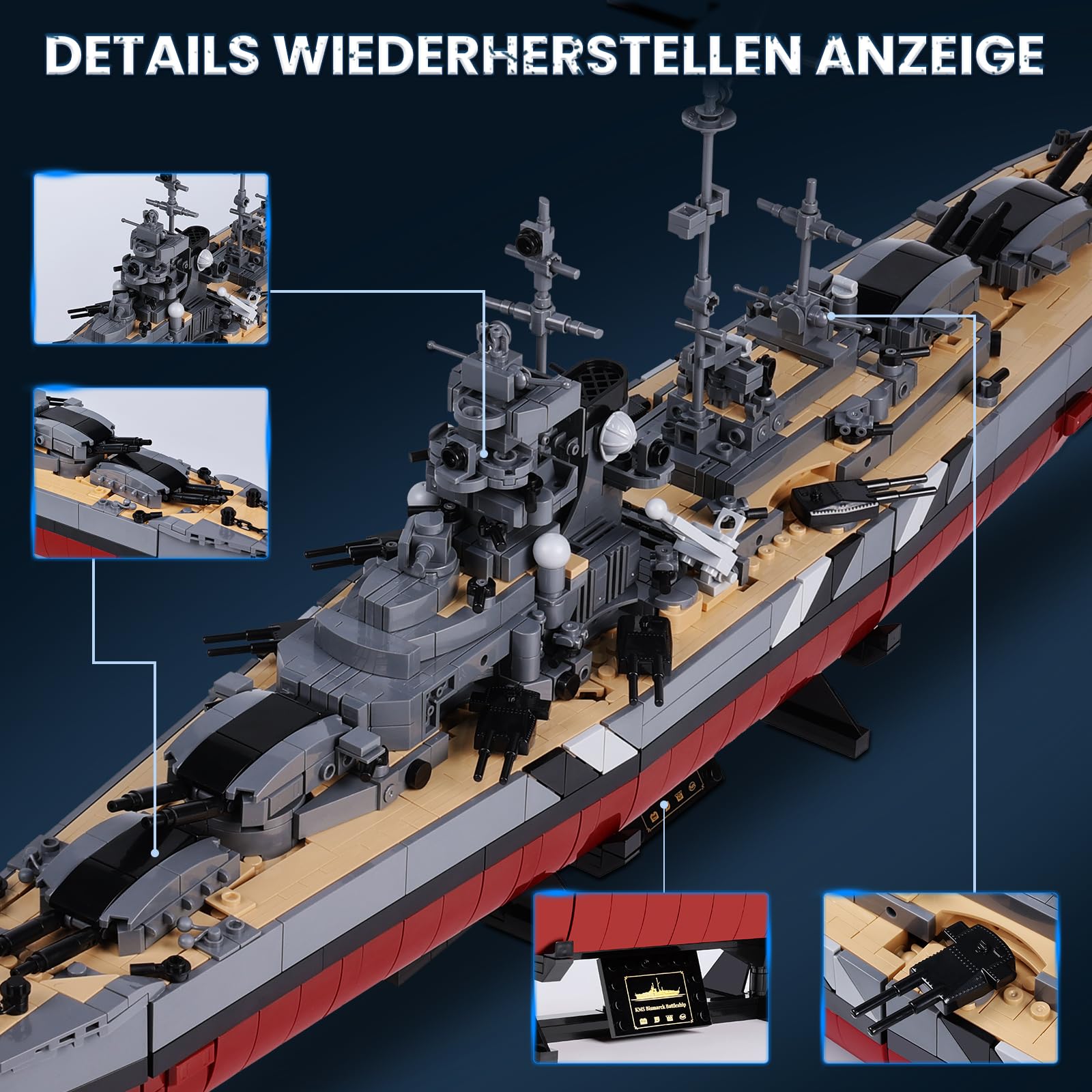 JMBricklayer Bismarck Schlachtschiff Klemmbausteine Bausatz 60015, 2537 Teile WWII Kriegsschiff Modell für Erwachsene, MOC Deko für Zuhause & Büro, Geschenk für Jungen & Männer ab 14 Jahren 3