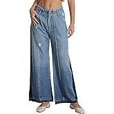 D-Sun Women's Mid Rise Wide Leg Jeans Casual Baggy Wide Leg Flared Jeans Trendy Side Seam Colorblock Denim Pants with Pockets
