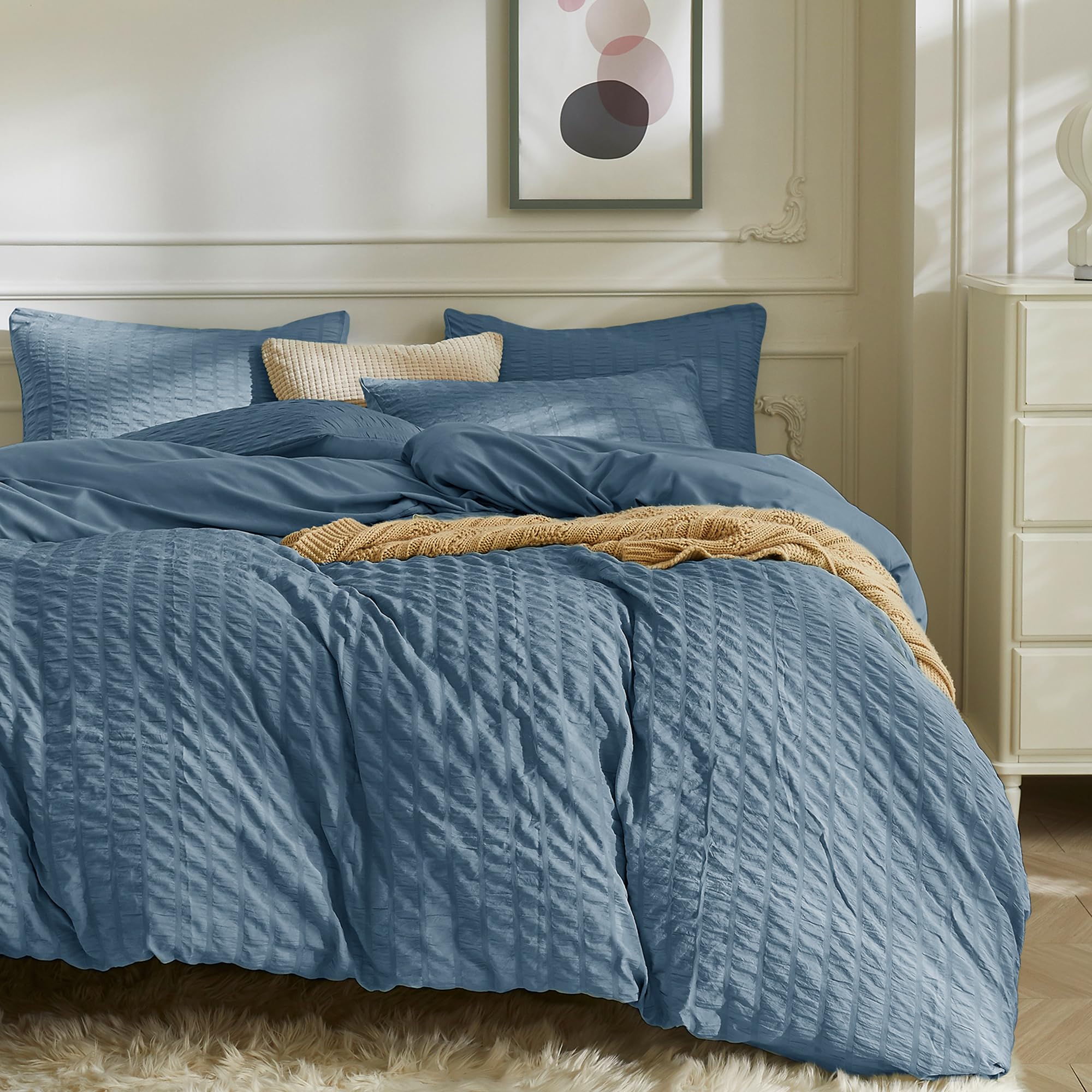 Photo 1 of JELLYMONI Sierra Blue Duvet Cover Queen Size, 3pcs Washed Microfiber Bedding Set, Soft Breathable Seersucker Duvet Cover Set with Zipper Closure and Corner Ties for All Seasons