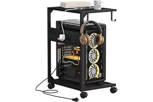 Akxomel 2 Tier Computer Tower Stand with Charging Station, 11.8"D x 16.5"W Rolling Floor PC Tower Stand Fits Under Desk, CPU Holder Cart for Carpet with Hooks, Home Office