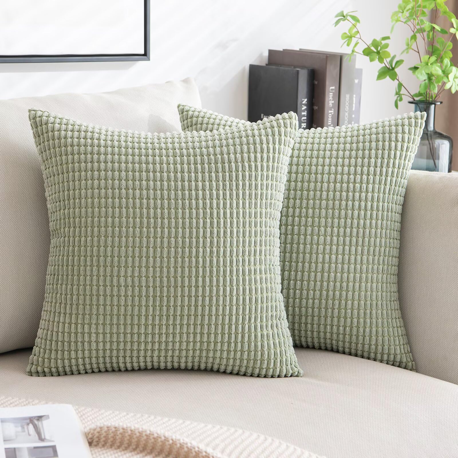 MIULEE Cushion Covers 40 x 40 cm Decorative Corduroy Bean Green Cushions Throw Pillow Square 16 x 16 Inches Striped Solid for Sofa Couch Home Bedroom Set of 2 — image 1