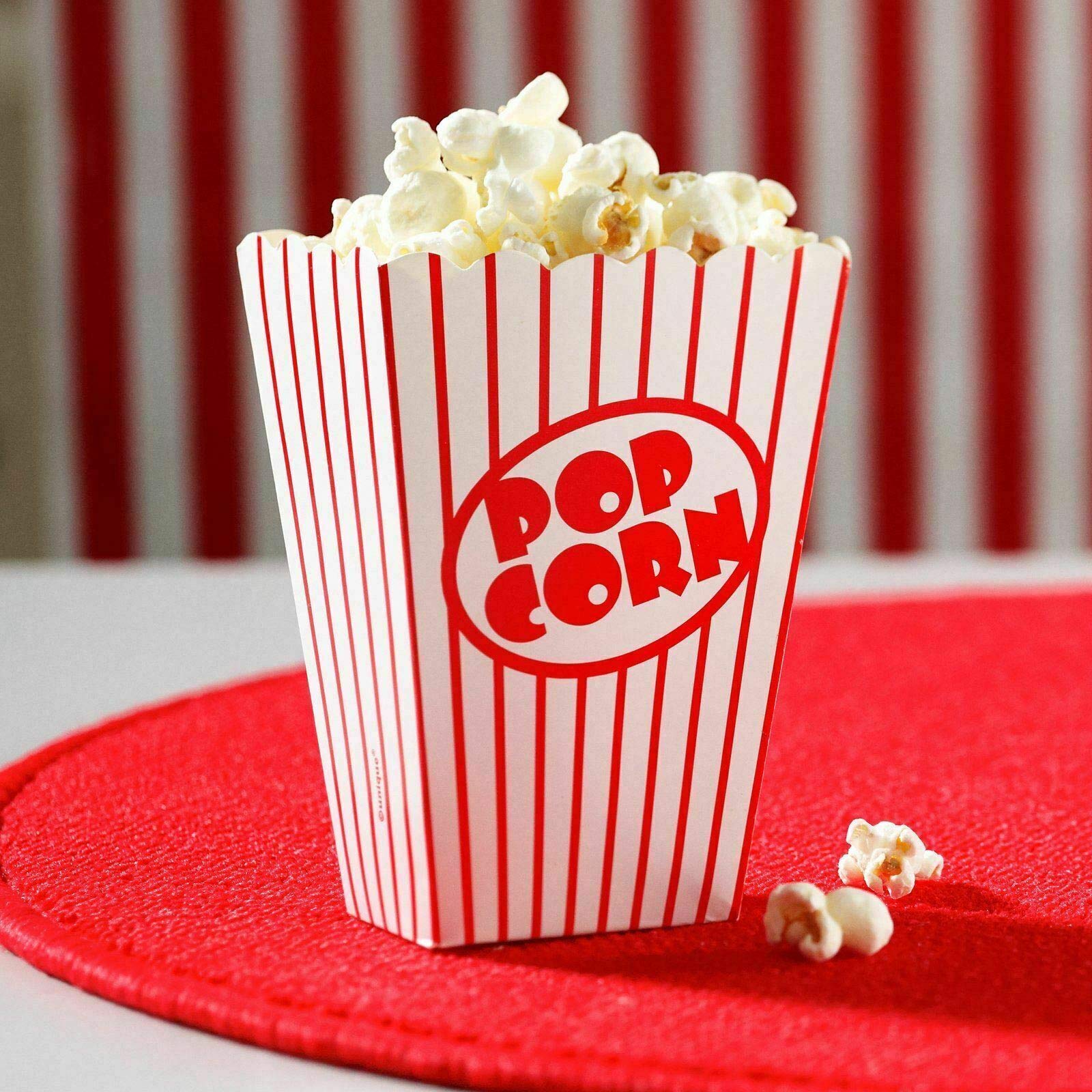 WAREHOUSE DEALS Pack of 10 - Popcorn Boxes, for Birthday Party, Cinema Movie Night, Sleepover Fun Party, Sweet Candy Container, Theatre Treats, Hollywood Style Red & White Striped Paper Bags