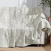 JINCHAN Boho 100% Cotton Muslin Blanket 3-Layer Twin Size Geometric Lightweight Reversible Soft Cozy Throw for Couch Sofa Bed All Season Coverlet Gift Bedroom Living Room Decor Light Grey 60x80 Inches