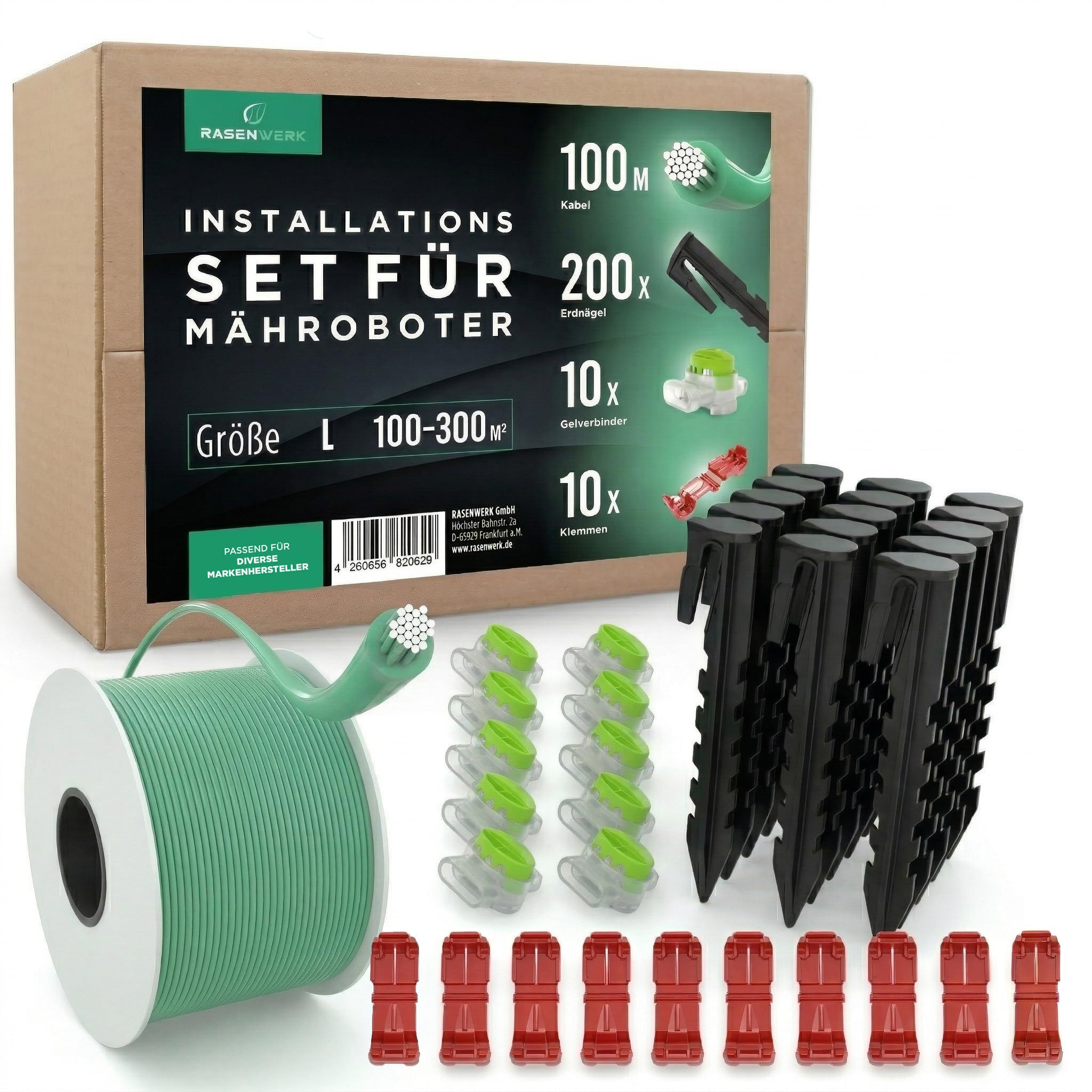 RASENWERK Boundary Cable Installation Set for Robotic Lawnmower – 200 Pegs with Patented Shape – 10 Connection Clamps – 100 m Universal Boundary Cable for Lawn Robot – 3 Connection Terminals