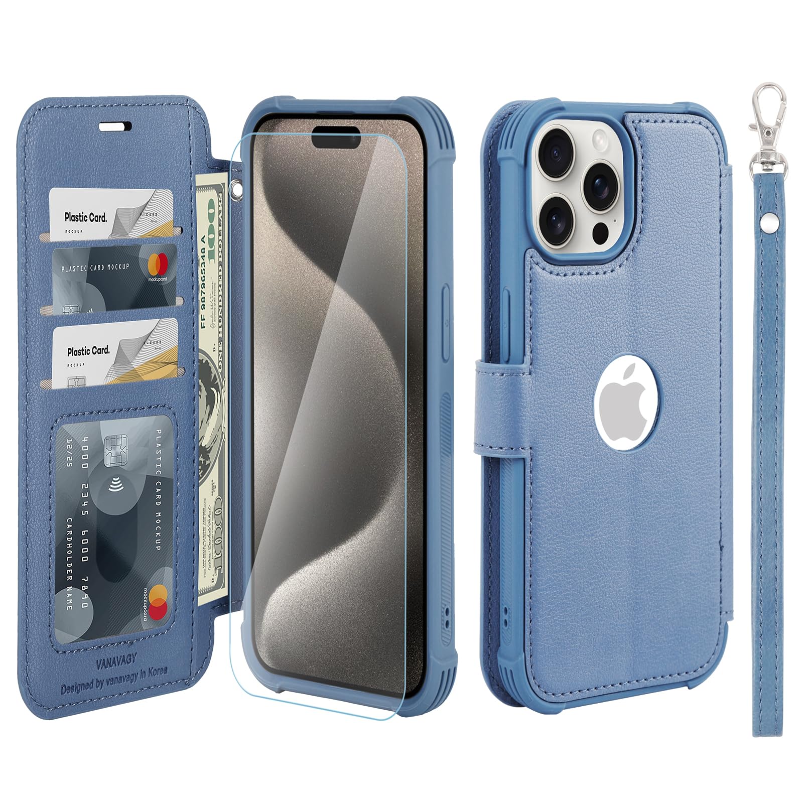 VANAVAGY Compatible for iPhone 15 Pro Wallet Case, 12ft Drop Protection, RFID Blocking PU Leather Flip Cover, Card Holder & Kickstand, Shockproof Phone Case for 15 Pro-6.1 Inch,Blue — image 1