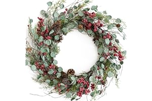 Bibelot 20 Inches Red Berry with Pine Cones Christmas Wreath for Front Door - Artificial Green Leaves Festival Decor, Farmhouse Rustic Winter Home Wall Windows Wreath (Red)
