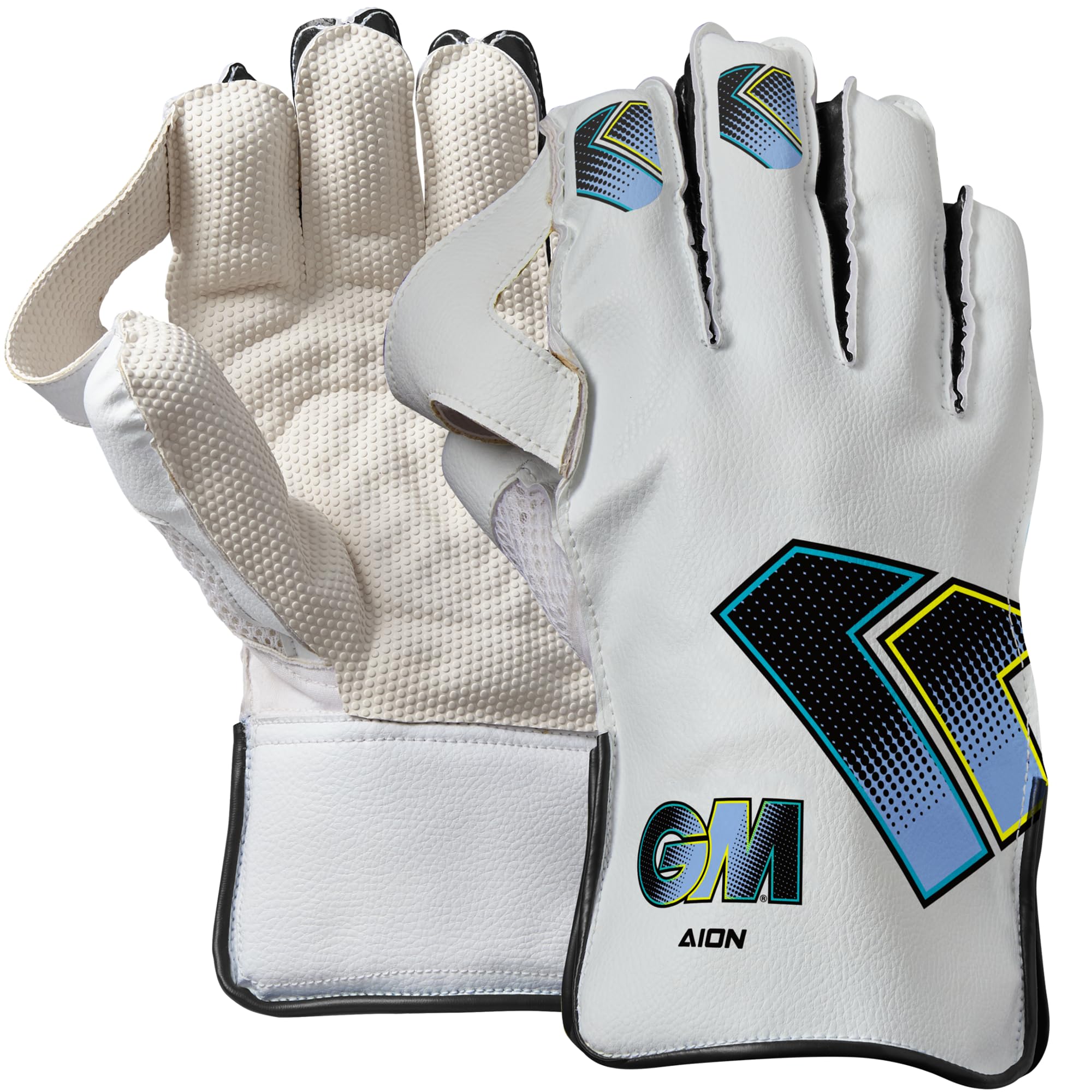 Gunn & Moore GM | Cricket Wicket Keeper Keeping Gloves | Aion | Cotton Lining & Pimple Rubber Palm | PVC Faux Leather Back of Hand | Adult | 1 Pair | White, Cyan & Fluro with GM Logo