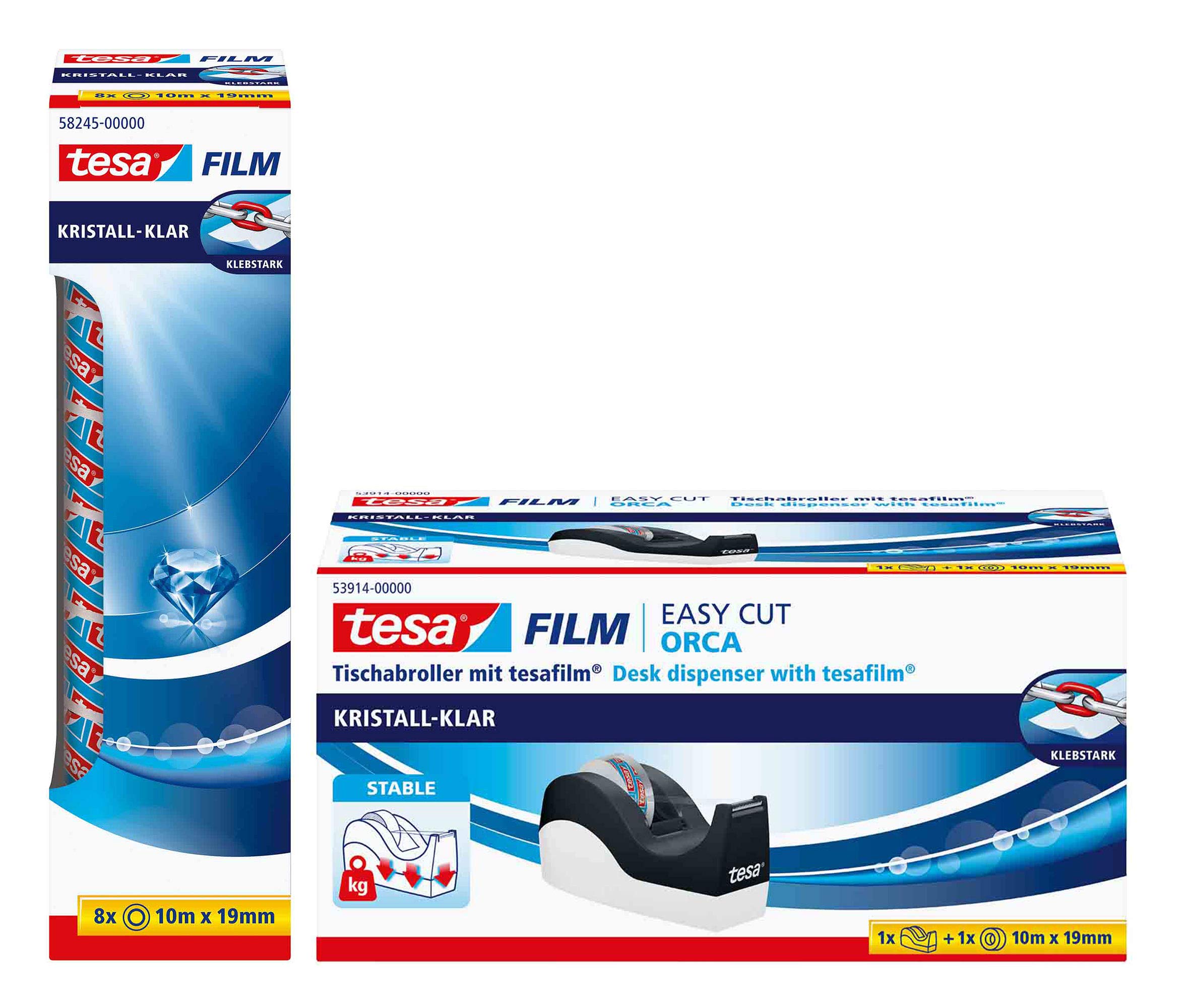 tesa Easy Cut Orca Tape Dispenser (Non-slip, Easy to Use, Clean Cut with 1 Roll of tesafilm) (Orca + 8 + 1 Rolls of tesafilm Crystal Clear)