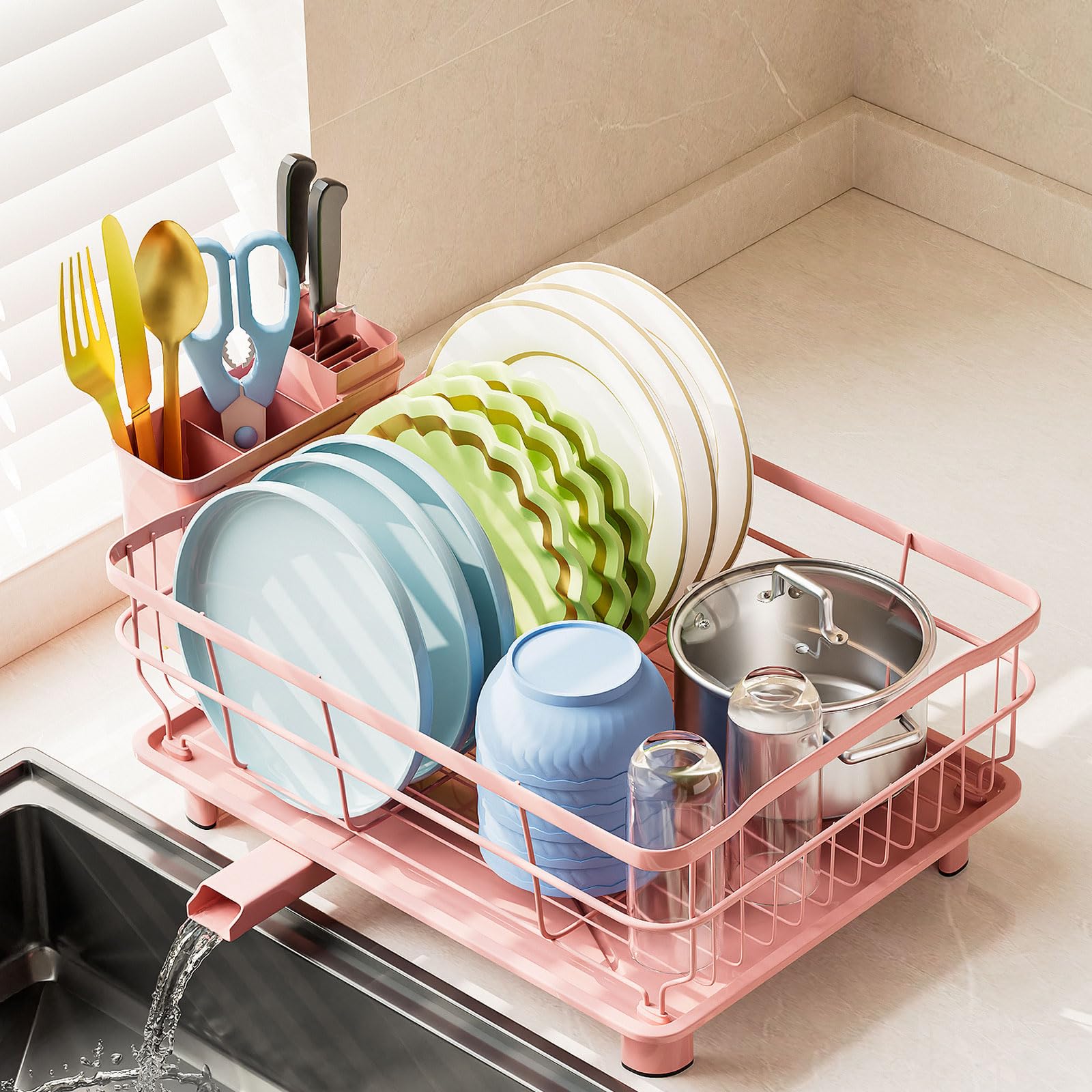 Photo 1 of AIDERLY Iron Dish Drying Rack Auto Drain Dish Drainers Kitchen Counter Strainer with Draining Tray, Pink