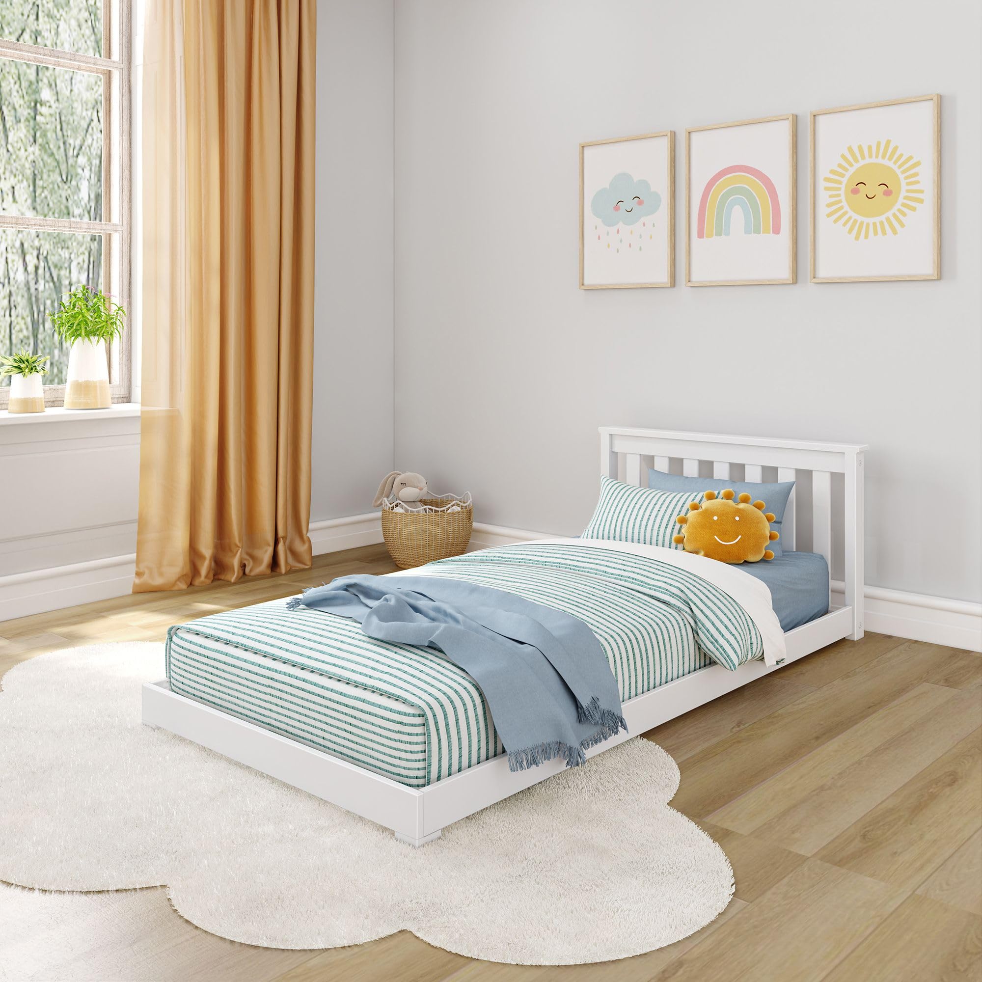 Photo 1 of Max & Lily Classic Twin Floor Bed, 79.75 Inches, Solid Wood Low Bed Frame for Kids, Modern Floor Bed for Bedroom, White