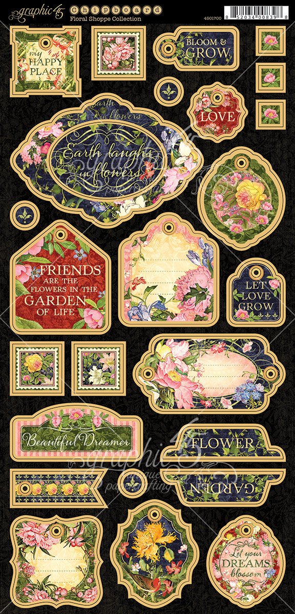 Graphic 45 Floral Shoppe Chipboard, Paper, Multi-Colour, 31.7 x 15.2 x 0.1 cm