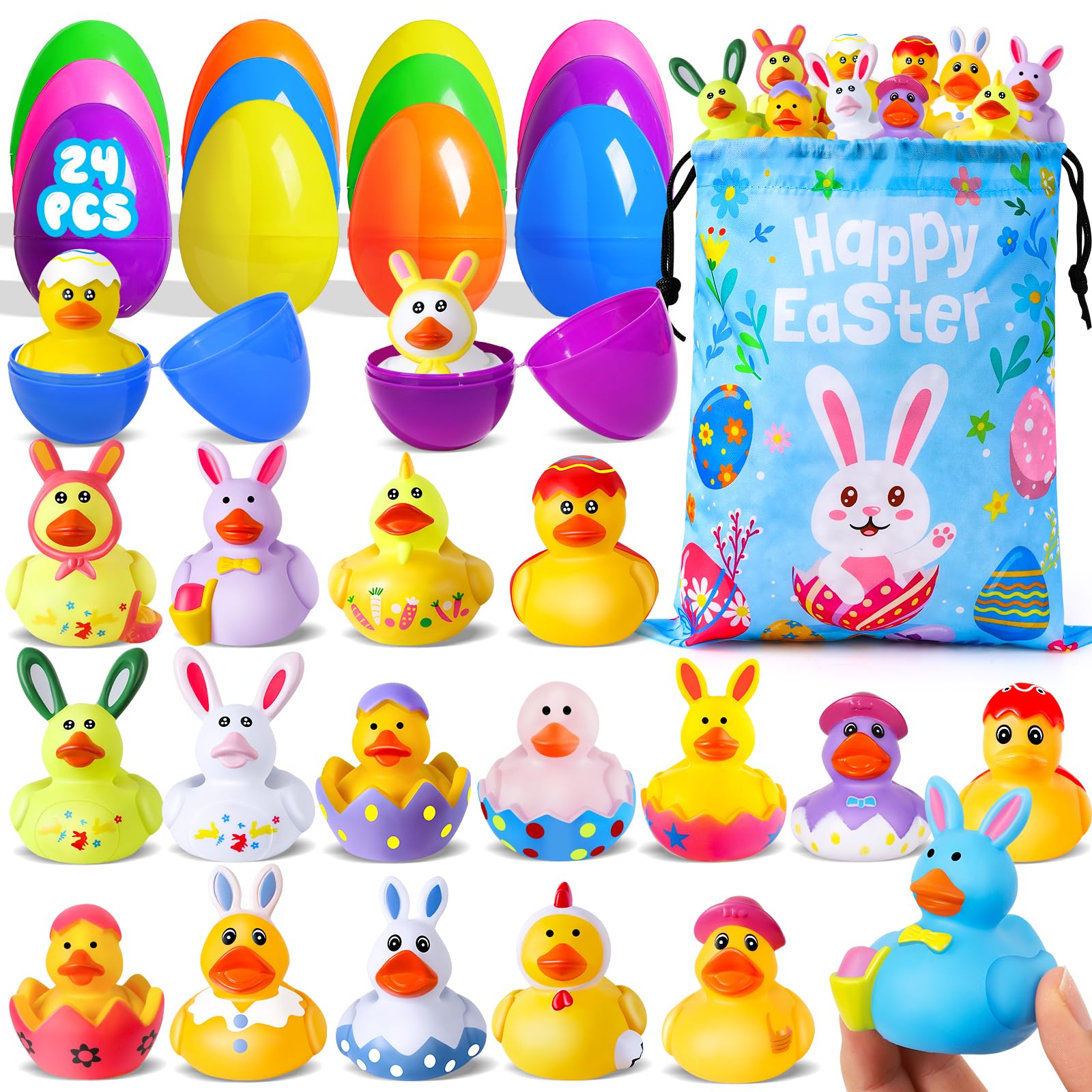 24 Pcs Prefilled Easter Eggs with Easter Rubber Ducks, Easter Basket Stuffers Party Favors, Fun Bath Toys Jeep for Ducks, Easter Egg Hunt, Holiday Classroom Gifts Prizes for Kids Toddler