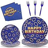 96 Pcs Blue with Gold Ring Party Supplies Disposable Tableware Set Serve 24 Guests Include Blue Paper Plates and Cartoon Tinsel Napkins Plastic Forks for Video Game Birthday Party Decorations