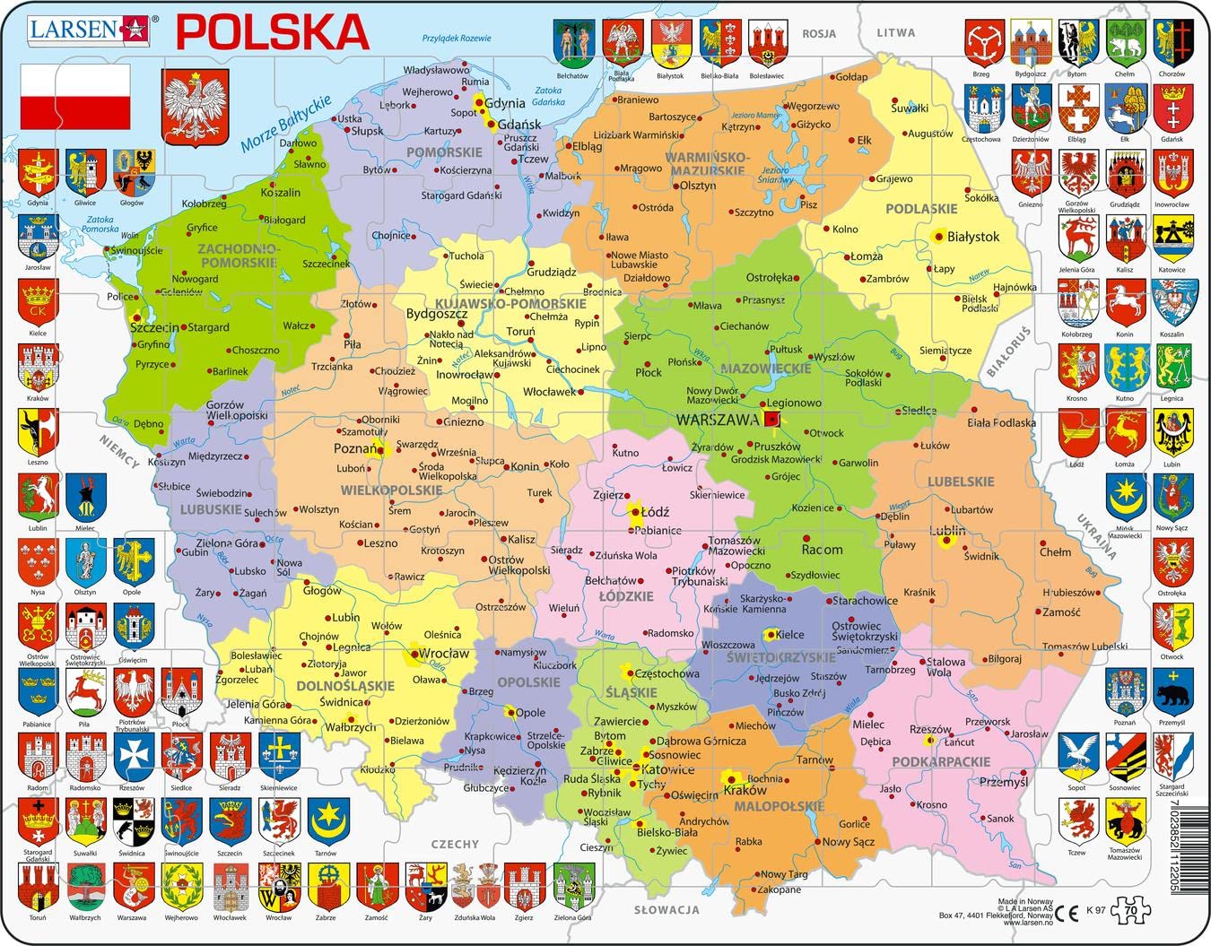 Larsen K97 Poland Political Map, Polish Edition, 70 Piece Boxless Tray & Frame Jigsaw Puzzle