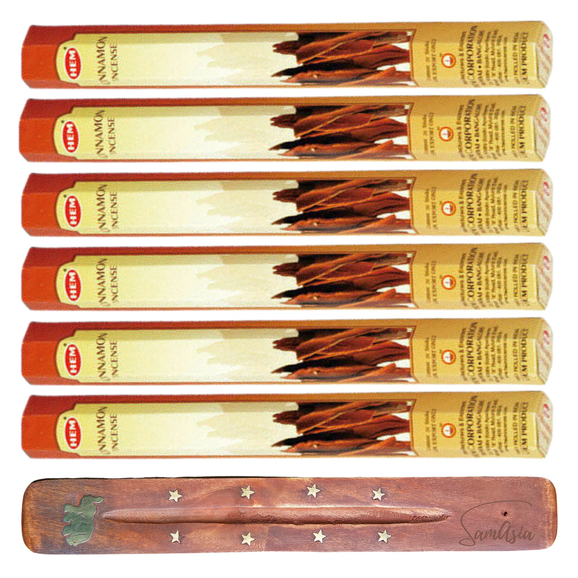 HEM Incense sticks CINNAMON | Pack of 6 | with SAMASIA incense stick holder for Aromatherapy, Incense Spa, Yoga, Meditation, Healing, Spirituality and Relaxation