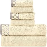 Modern Threads 6-Piece Damask Jacquard/Solid Ultra Soft 550GSM 100% Combed Cotton Towel Set with Embellished Borders [Ivory]