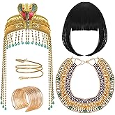 Heliltd Egyptian Costume Accessories for Women 5 Piece Set with Clip in Bob Bangs Hairpiece Head Chain Snake Arm Cuff Collar Necklace and Upper Arm Cuff for Halloween Cosplay Party Gold
