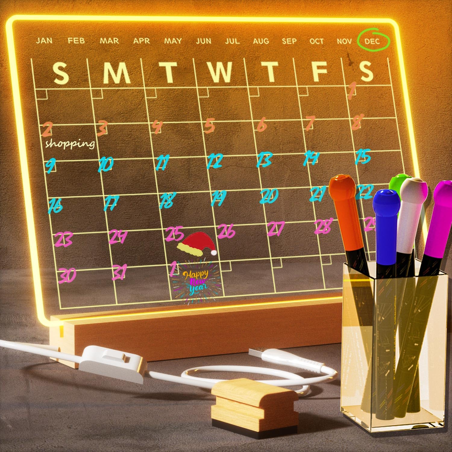 Photo 1 of Clear Dry Erase Calendar 13 x 9 inch with 5 Markers, Acrylic Lighting Markable Calendar Board Agenda for Bedroom/Office/Home/Kitchen