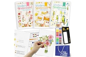 ADEVIAN 3Pcs Watercolor Workbook Paint Book Beginner Friendly Painting Kit, 36 Pages Workbooks with 24 Paint Colors & Brush for Beginners, Stress-Relieving Gift for Women Adults (Bird&Flower&Kitchen)
