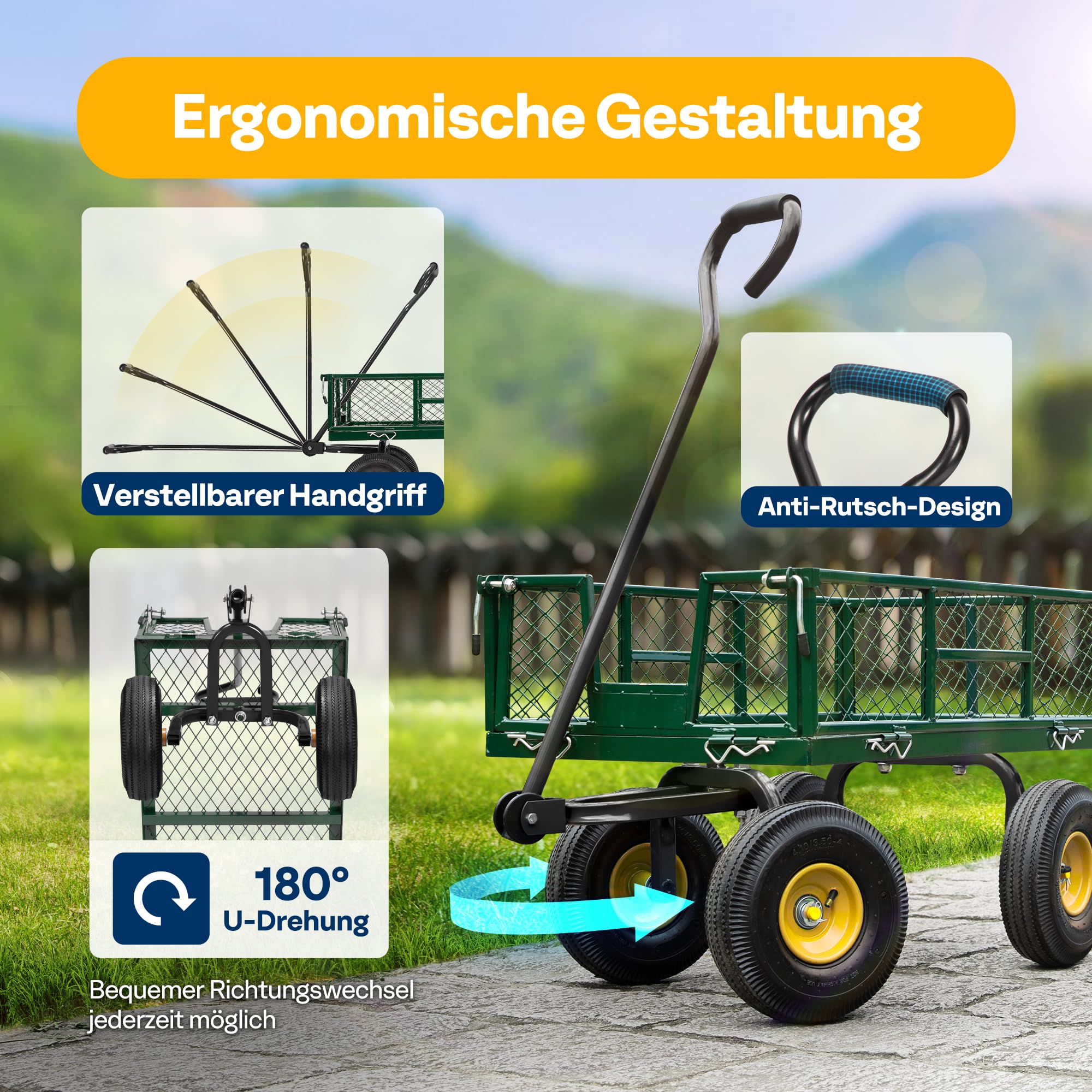 VIVOHOME Gartenwagen mit Abnehmbaren Seiten und Luftreifen, Belastbarer Transportwagen bis 400kg mit 180° Drehbarem Griff für Garten und Outdoor Einsätze 6