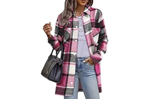 HOTOUCH Womens Flannel Jacket Long Plaid Shacket Casual Snap Button Tartan Trench Coat Long Sleeve Shirts with Pockets