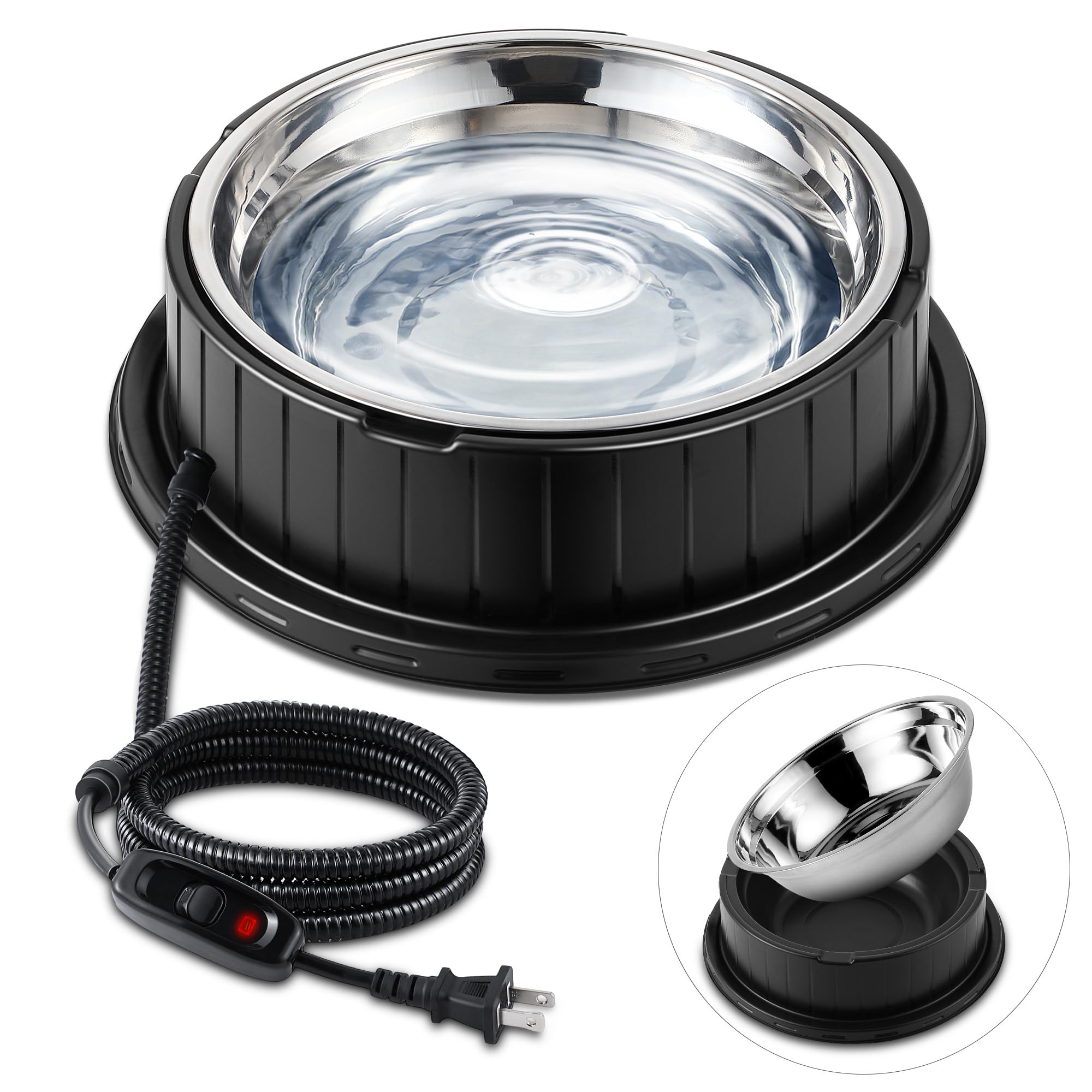 Photo 1 of Dunkive Heated Water Bowl for Dog Cat with Thermostatic Control, 55W 80oz Removable Stainless Steel Heated Dog Pet Bowl with Anti Chew Cord