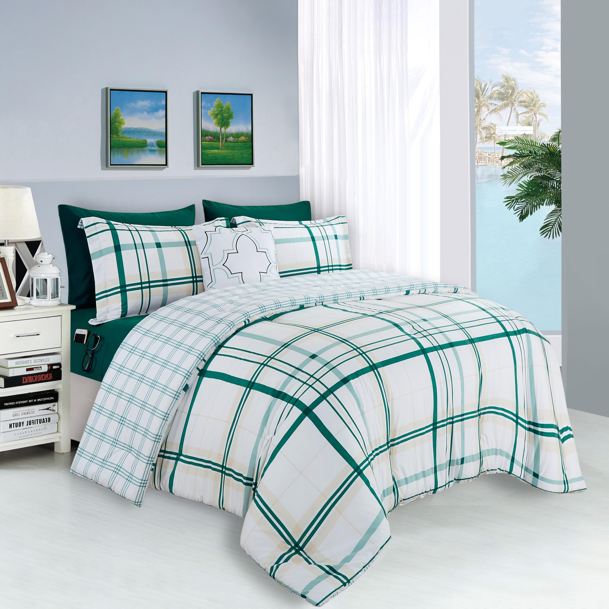 Elegant Comfort Silky Soft 8-Piece Plaid Lodge Bed-in-a-Bag Comforter Set, Includes 4pc Smart Sheet Set, Comforter, Decorative Pillow, Matching Pillowcases and Shams - Twin/Twin XL, Emerald Green Image Elegant Comfort Silky Soft 8-Piece Plaid Lodge Bed-in-a-Bag Comforter Set, Includes 4pc Smart Sheet Set, Comforter, Decorative Pillow, Matching Pillowcases and Shams - Twin/Twin XL, Emerald Green Image