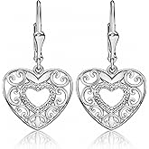 14K Gold Plated Sterling Silver Heart Earrings for Women - Drop Dangle Filigree Earrings for Women - Fashion Cute Jewelry Anniversary Birthday Christmas Gifts for Her