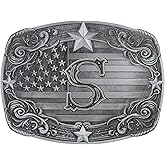 Flipslo Western Belt Buckle for Men Women, Initial Letter ABCDJRM to Z Silver Cowboy Belt Buckles American Flag Accessories
