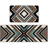 Livcoz Boho Western Aztec Geometric Kitchen Rugs Set of 2, Bohemia Brown Blue Black Kitchen Mats Home Decor, Farmhouse Minimalist Vintage Abstract Floor Door Mat Decorations - 17x29 and 17x47 Inches