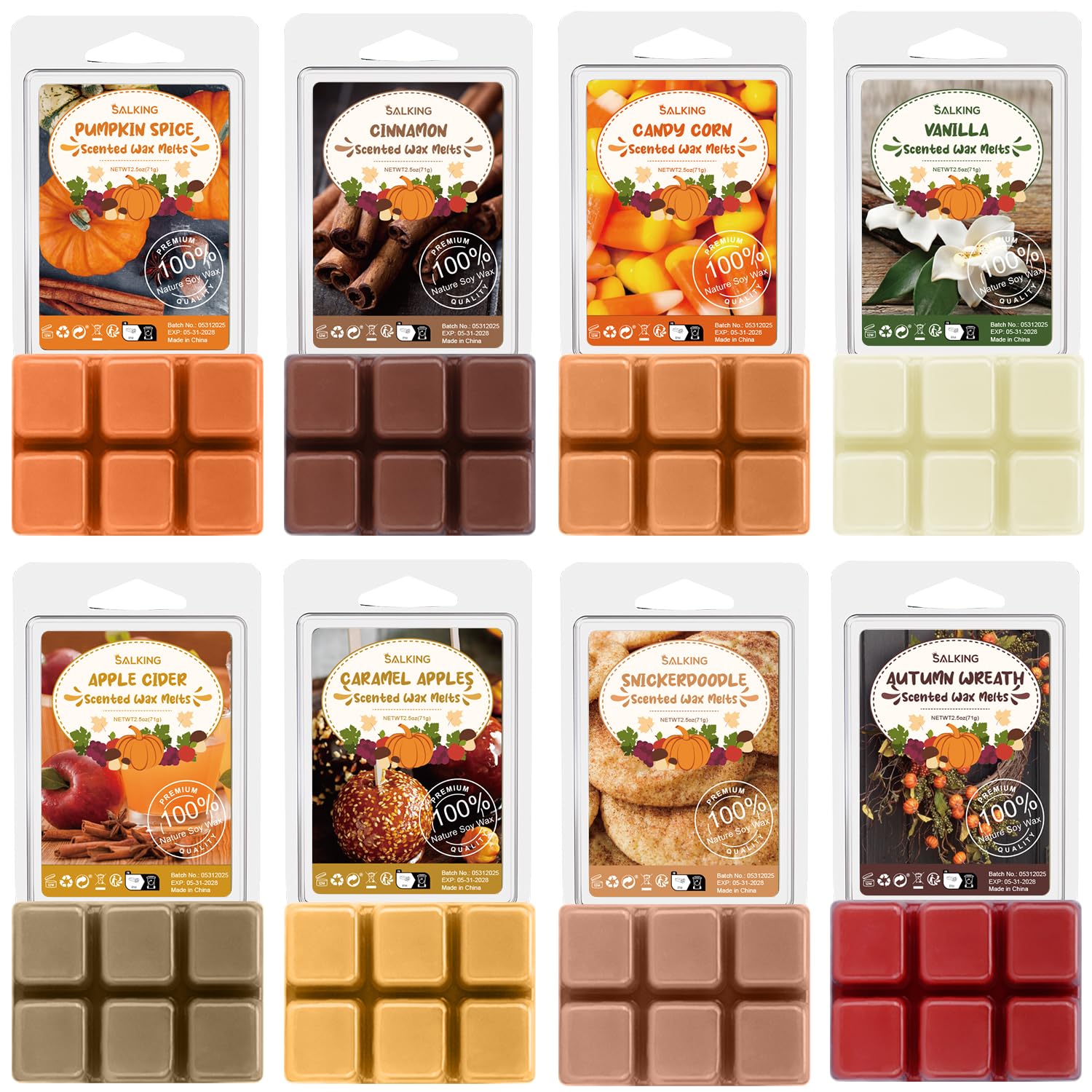 Autumn Scented Wax Melts, Fall Soy Wax Melts Gift Set, Wax Cubes/Tarts for Warmer - Pumpkin Spice, Caramel Apples, Candy Corn, Vanilla, Apple Cider, Cinnamon, Snickerdoodle, Autumn Wreath, 8x2.6 oz