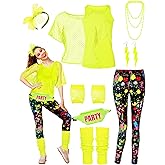 CICOCI 80s 90s Outfit For Women Neno Party Fishnet Top1980s Costume with 80s Accessories Set Retro Party Leg Warmers Headband