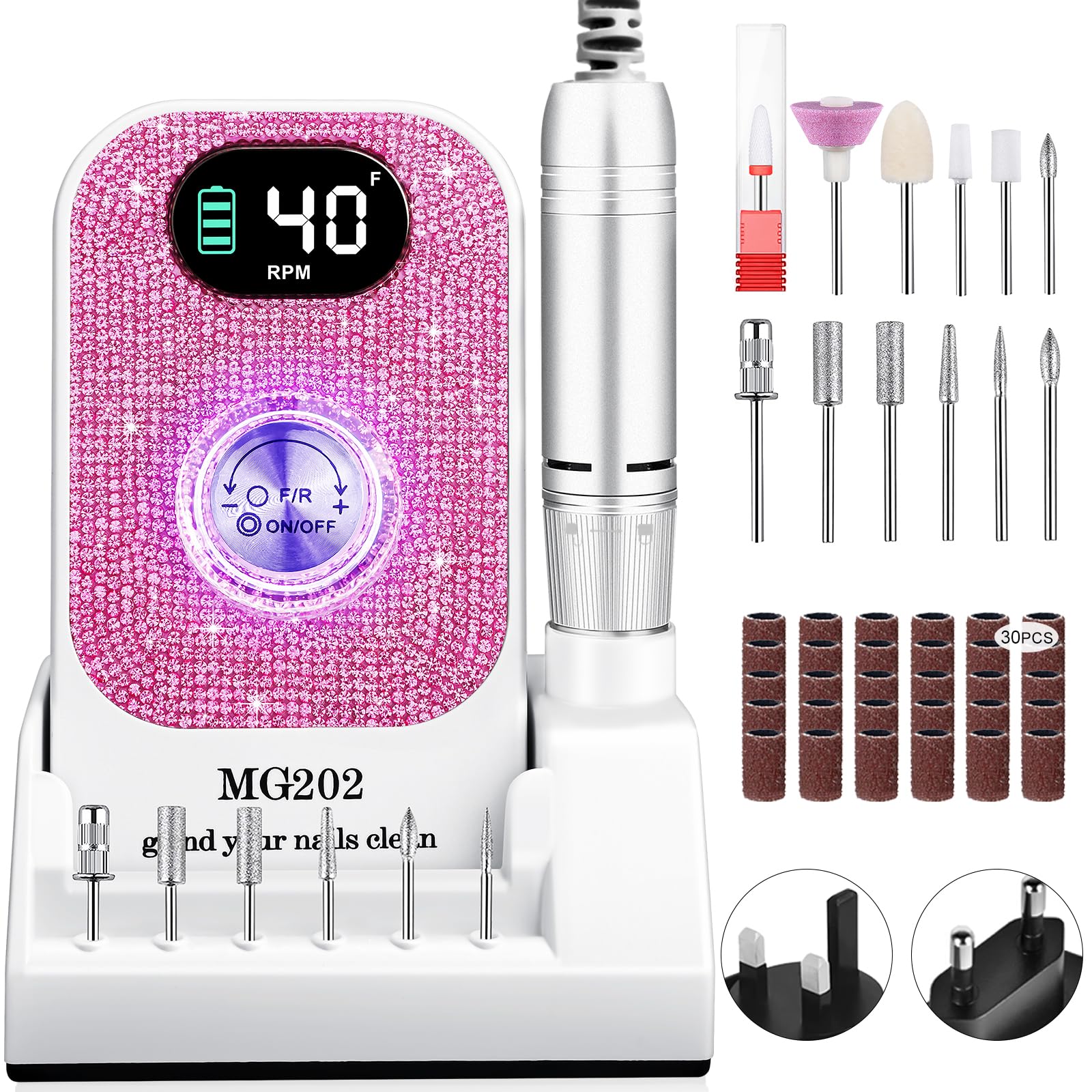 40000RPM Electric Nail Files Professional,Urbuti Portable Nail Drill Machine for Acrylic and Gel Nails,Rechargeable Electric Manicure Pedicure Set with 12 bits LCD Display for Home Salon (White 1)