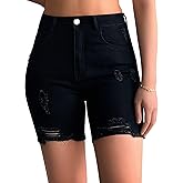 roswear Women’s Casual Summer Ripped High Waisted Shorts Stretch Distressed Frayed Raw Hem Jean Shorts