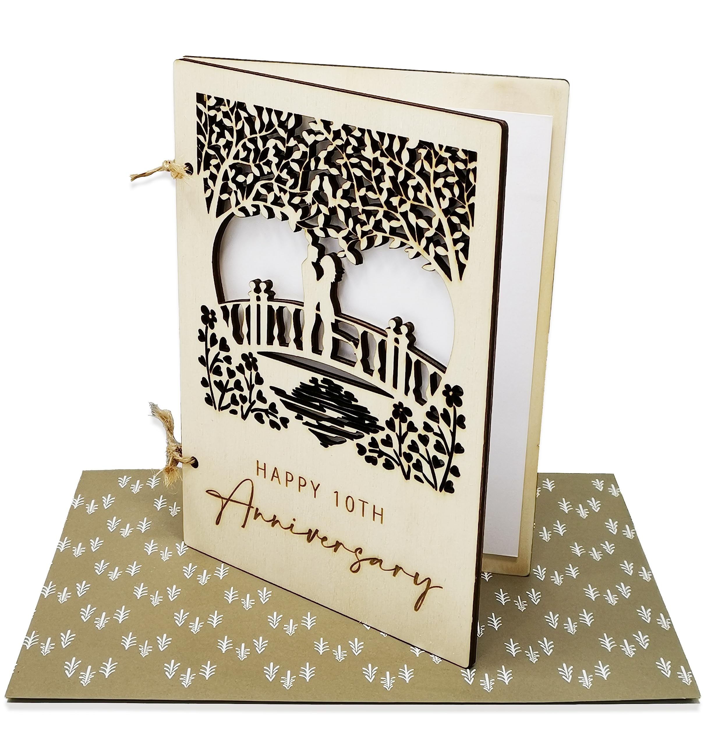 Wooden Anniversary Card with Loving Couple on a Bridge Detailed Carving (10 Year Anniversary) — image 1