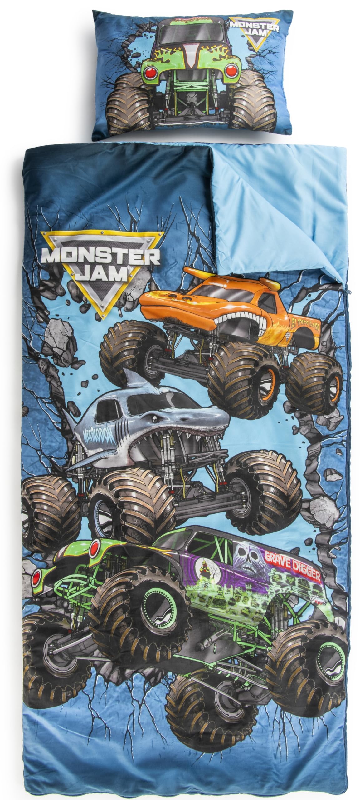 Jay Franco Monster Jam Trucks Children’s Sleeping Bag & Pillow Set – Cosy (137 x 61 cm) Indoor Slumber Bag (43 x 28 cm) Pillow, Ideal for School Trips & Sleepovers – 2-Piece Set