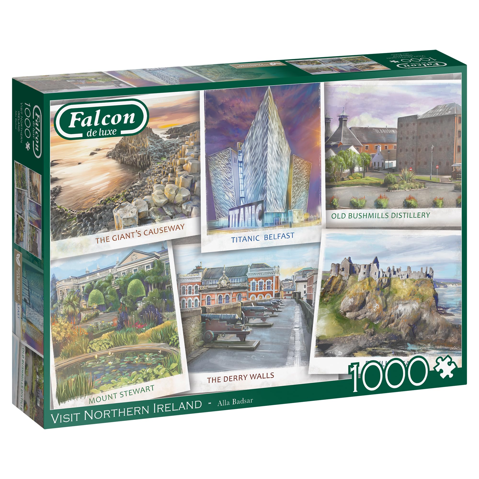 Jumbo -Falcon de Luxe Visit Northern Ireland 1000-Piece Jigsaw Puzzle - Illustrated by Alla Badsar - Premium Recycled Board - Poster-Like Finish - Eco-Friendly Packaging