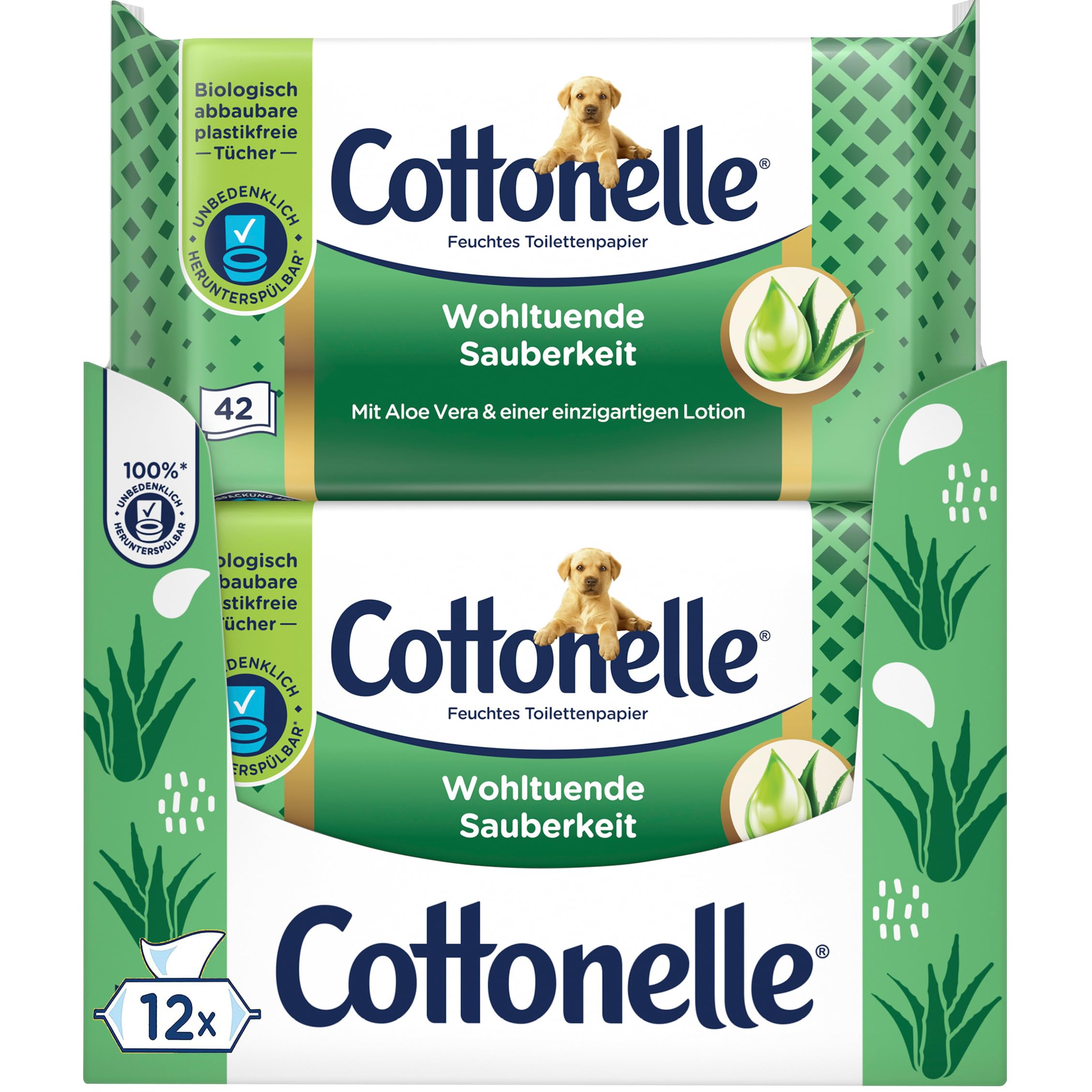 Cottonelle Feuchtes Toilettenpapier, Wohltuende Sauberkeit, Mit prebiotischer Lotion, Biologisch Abbaubar, Plastikfrei, Wiederverschließbar, 12 x 42 Feuchttücher