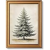 VIYYIEA Gold Framed Canvas Art, Vintage Christmas Tree Decor, 12x16Inch, Winter Retro Pine Picture Painting Gifts, xmas Decor