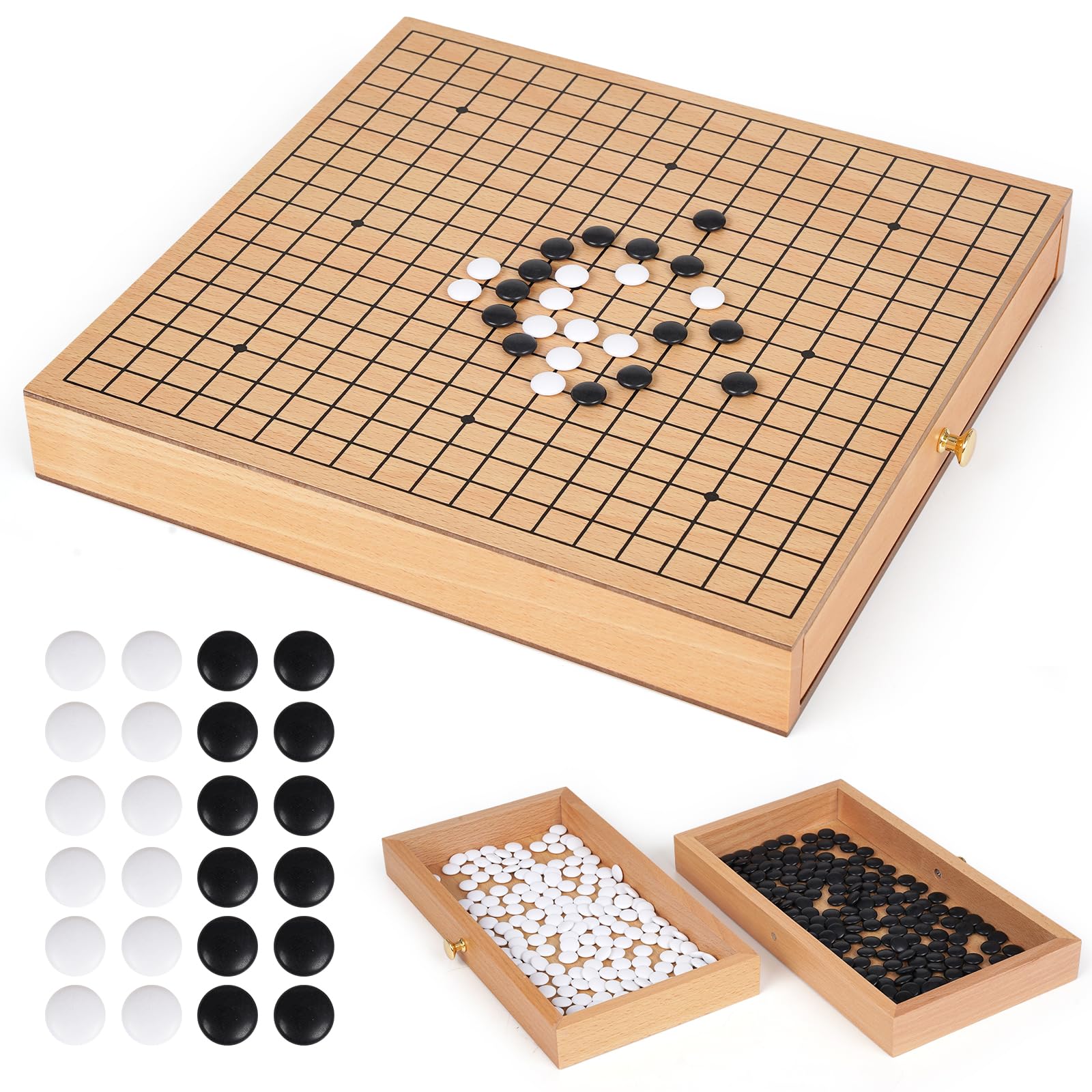 Photo 1 of 12-Inch Traditional Wooden Go Game Set with Pull-Out Storage Drawers – Classic Weiqi Board Game with Black and White Stones – Premium Wood Go Board for Beginners, Adults, and Professional Players
