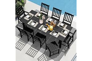 LOUNZY 9 Pieces Patio Dining Sets,Outdoor HDPE Furniture Set for 8 w/ 2" Hole Cut-Out Dining Table with 8 Patio Chairs(2 W/Armrest, 6 w/o Armrest),Black