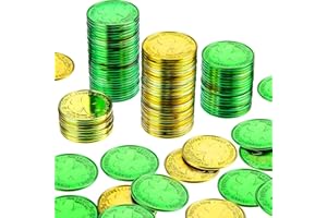 GEJOY 240 Pieces St. Patrick's Day Shamrock Coins Plastic Lucky Clover Coins Green and Gold Shamrock Luck Coins Table Sprinkles for Party Supplies