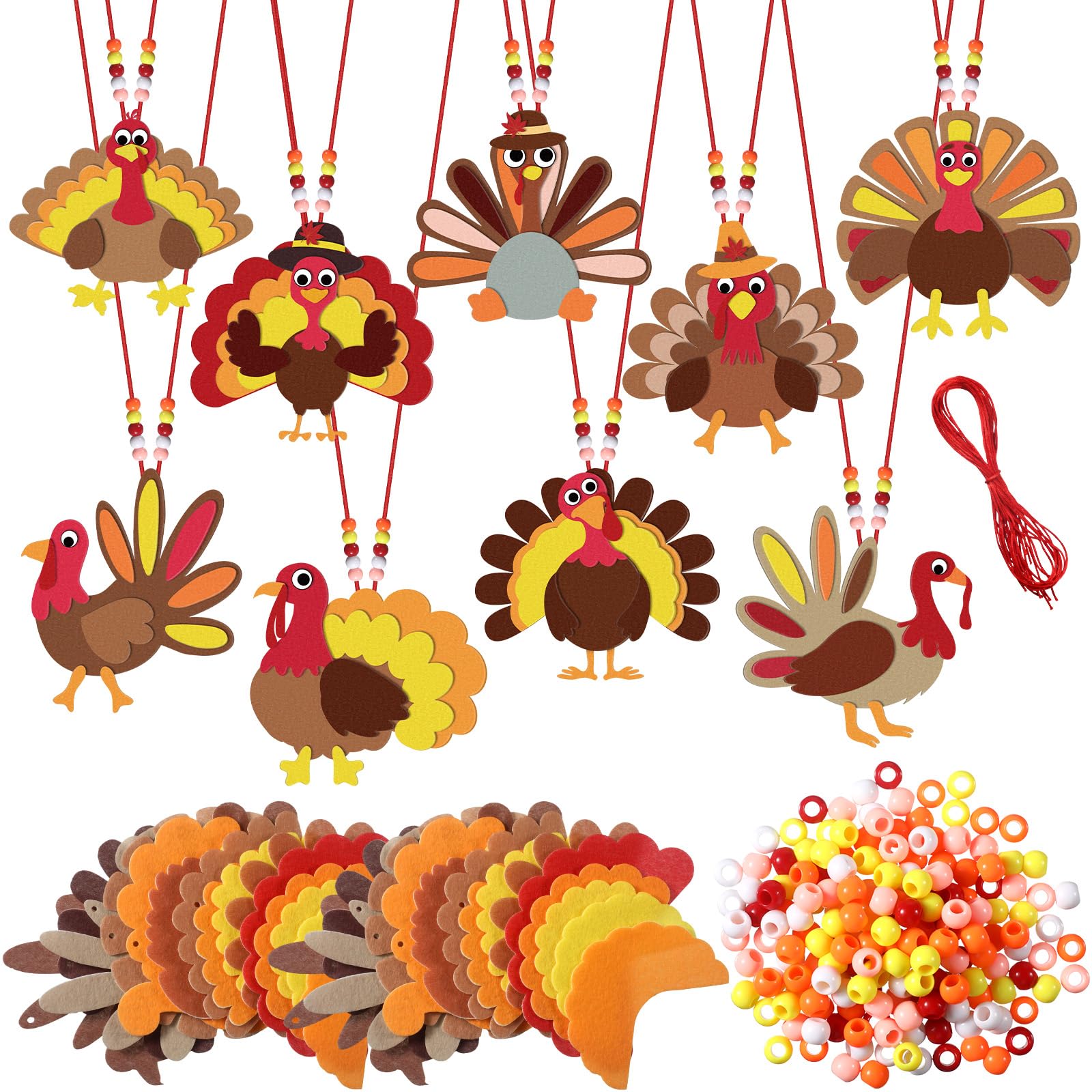 Otuuz 18 Set Fall Thanksgiving Felt Craft Turkey DIY Necklace Kits Thanksgiving Felt Ornaments Autumn Activity Gifts Necklace for Fall Party Favors