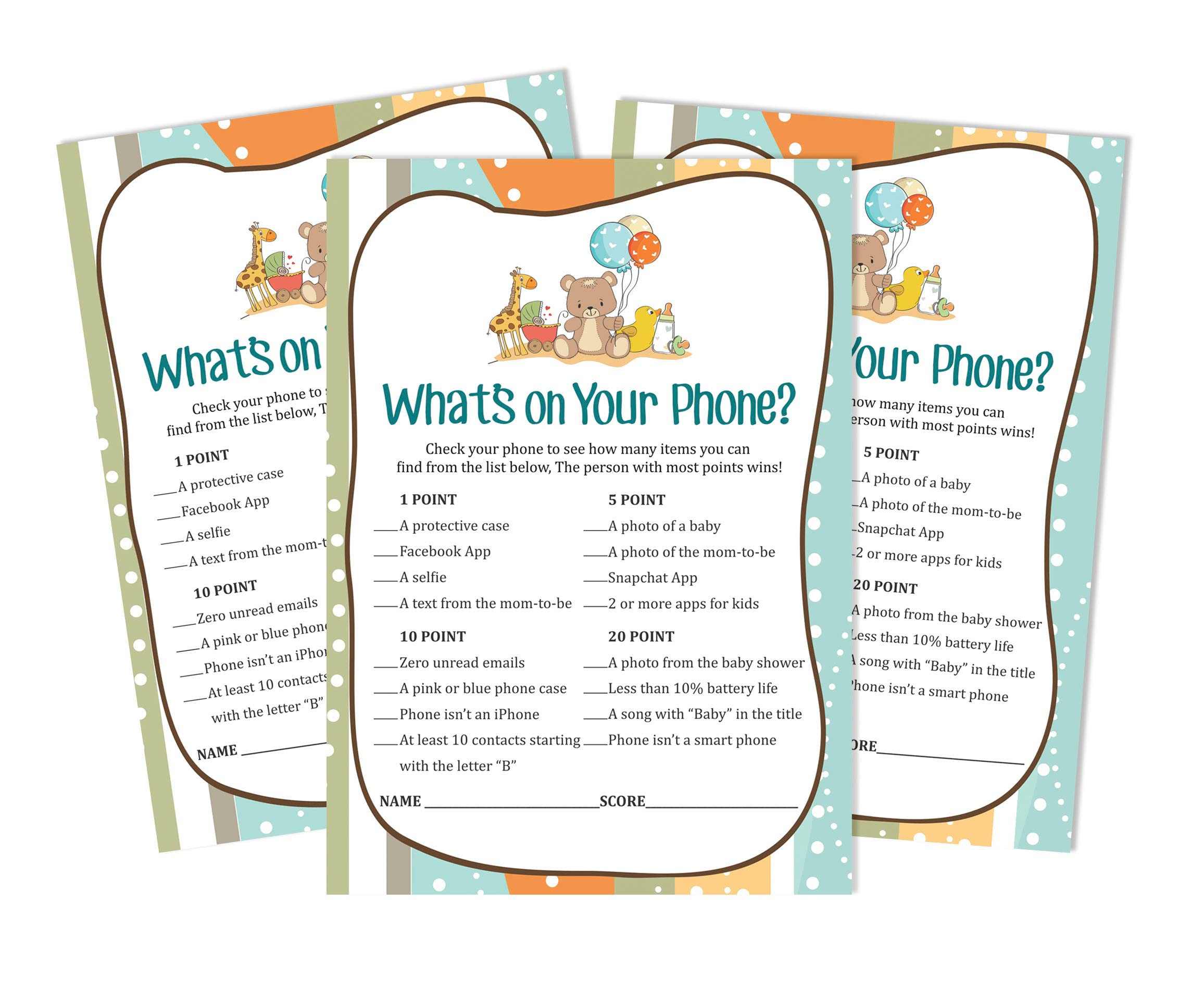 Inkdotpot 50 Sheets What's In Your Phone Baby Shower Game Cards Gender Neutral Activity Cards Party Idea Baby Toys Baby Shower Party Supply