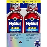 Vicks NyQuil SEVERE Cold, Flu, and Congestion Medicine, 2x12 fl oz Twin Pack, Berry Flavor, Maximum Strength, Nighttime Relief