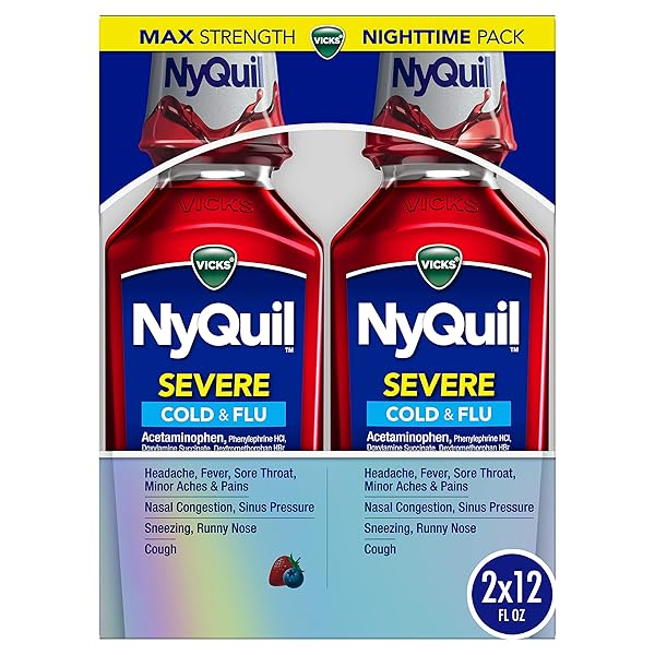 VICKS NYQUIL SEVERE COLD, FLU, AND CONGESTION MEDICINE, 2X12 FL OZ TWIN PACK, BERRY FLAVOR, MAXIMUM STRENGTH, NIGHTTIME RELIEF