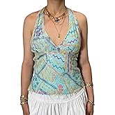 Women Y2k Floral Tank Top Sequin Halter Neck Beaded Top Sleeveless Tie Up Open Back Crop Top Summer Club Streetwear