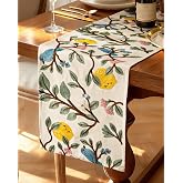 Kokaaee Canvas Embroidered Narrow 13"x 72" Table Runner, Lemon Bird | Exquisite Embroidery, Rustic texture, Machine Washable, Lays Flat, Durable, Easy to Care, Decorative, Ready to Gift