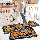 Halloween Pumpkin Spider Web Bat Decoration Kitchen Rugs and Mats Set of 2, Black Home Decor Low-Profile Kitchen Rugs for Floor 17